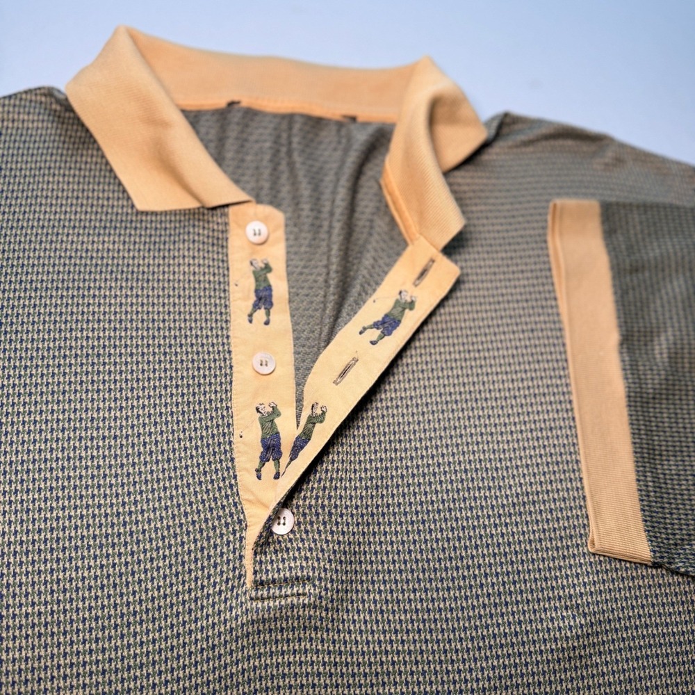 Vtg Bobby Jones Golf Polo Shirt Mens XL Olive Tan Houndstooth Jacquard Logo